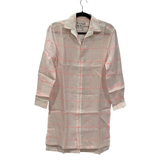 Frank & Eileen Hunter Classic Linen Shirtdress In Neon Pink Windowpane Size XS - Picture 4 of 14